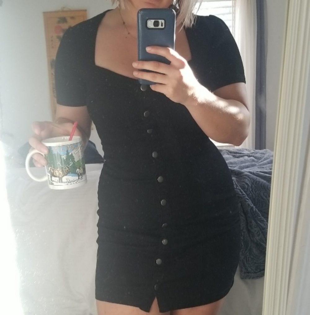 Forever 21 Elegant Button-Down Dress Stretchy Corset Square Neck Short Sleeve